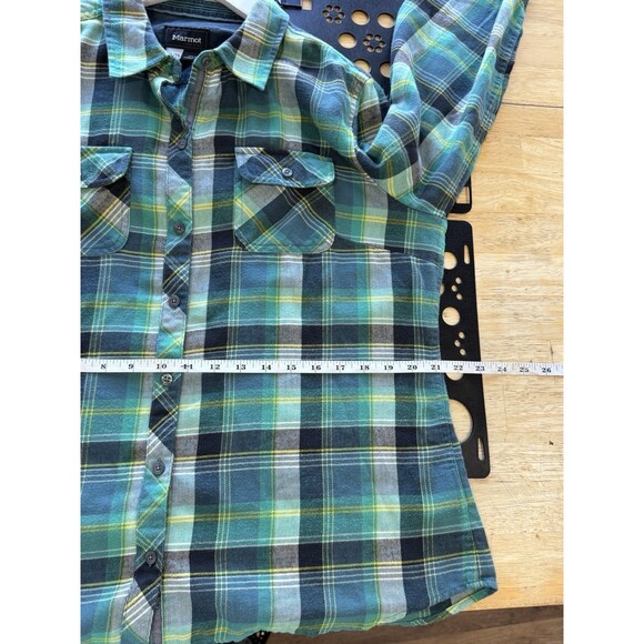 MARMOT Flannel Shirt XL Button Up Turquoise Plaid Cotton Knit Blend Garpcore EUC - Picture 4 of 10